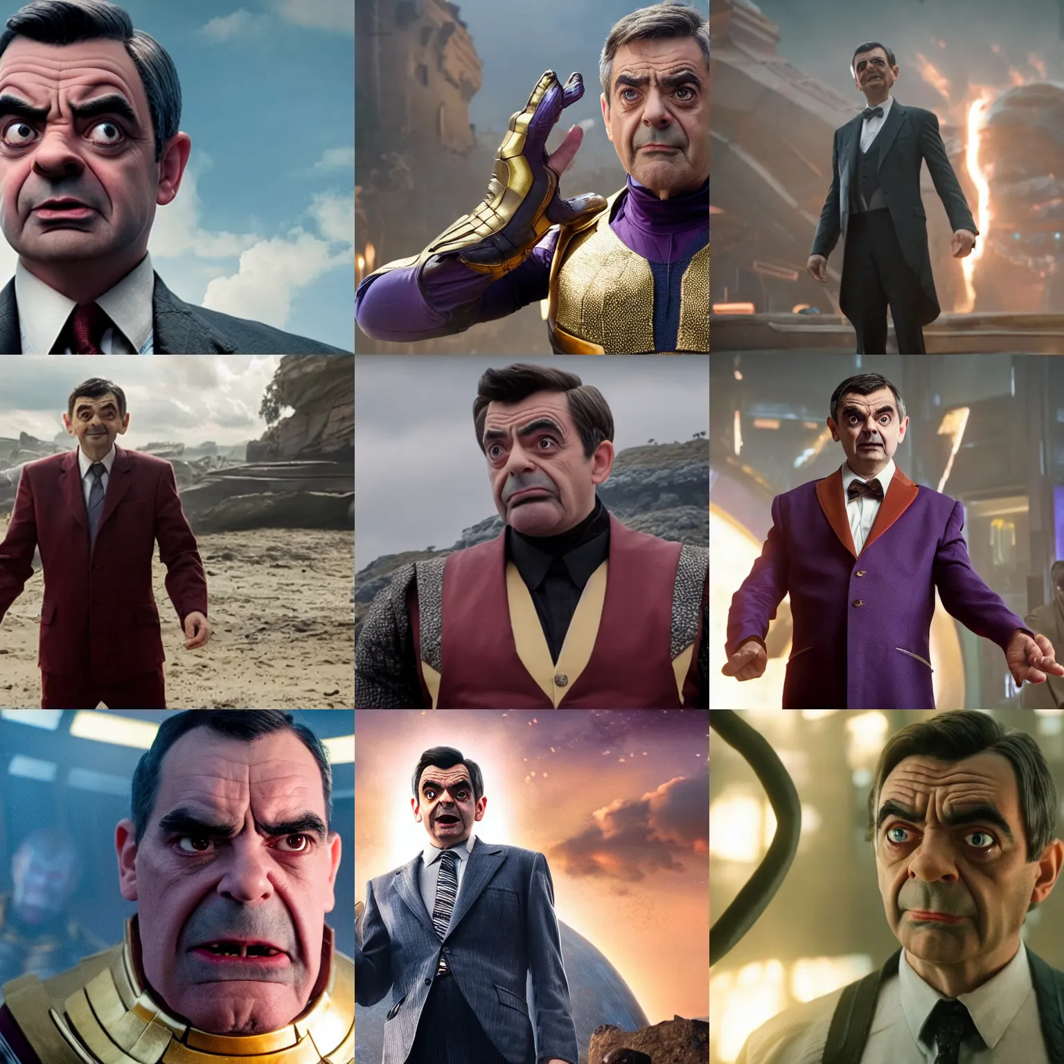 Prompt: film still of Mr Bean as Thanos in Avengers Endgame, Thanos, Thanos