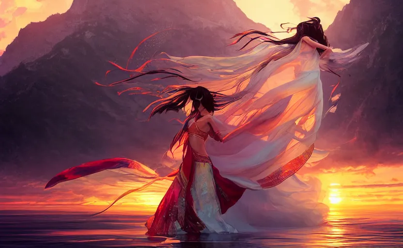 Image similar to Himalayan priestess dancing on water, beautiful flowing fabric, sunset, dramatic angle, realistic and detailed, by studio trigger, pixiv dslr photo by Makoto Shinkai rossdraws and Wojtek Fus