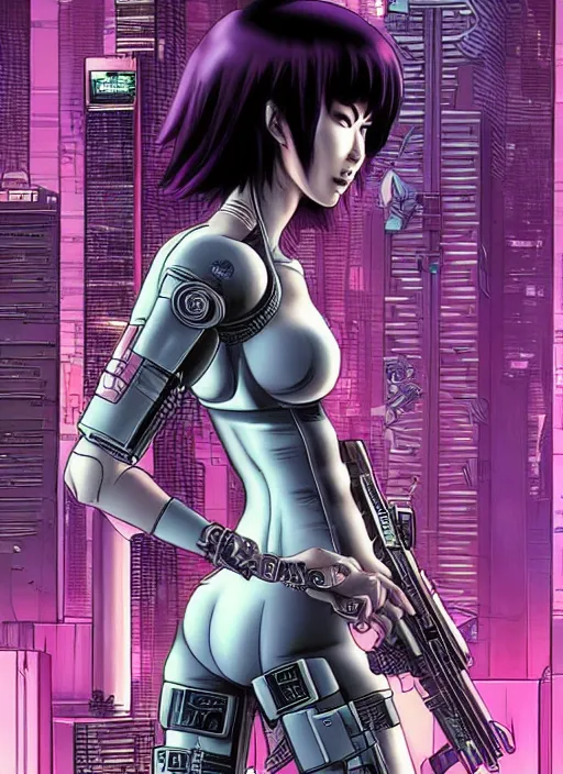 Image similar to motoko kusanagi in grungy cyberpunk megacity, intricate and finely detailed, cyberpunk vaporwave, portrait by j scott campbell