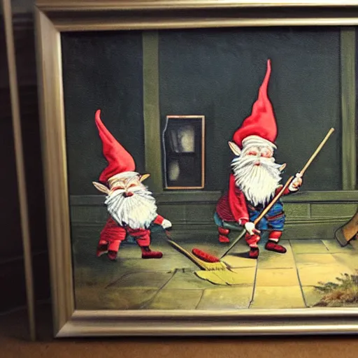 Image similar to vintage painting of gnomes invading a house at night, father defending family with a broom,