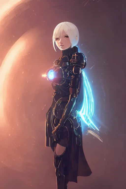 Image similar to beautiful cyborg priestess, scifi, perfect face, futuristic, elegant cape, aura of light, glow, nier automata, concept art, decorations, sharp focus, inside a space ship, trending on artstation, hwang se - on, intricate, advanced technology, art by roman makarenko