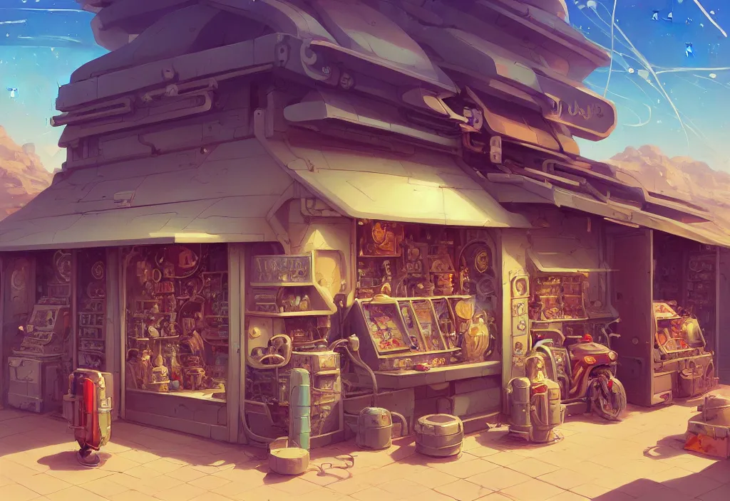 Prompt: a small chubby futuristic shop in the desert surrounded by two metal boxes, intricate oil painting, high detail illustration, sharp high detail, manga and anime 1 9 9 9, official fanart behance hd artstation by jesper ejsing and makoto shinkai, 4 k,