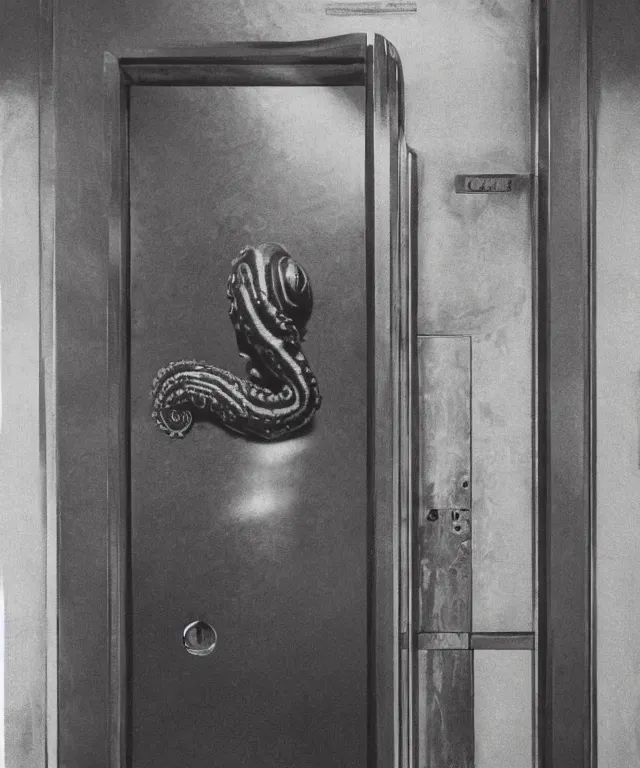 Prompt: horrifying full color photorealistic image of a 1 9 2 5 hotel elevator lobby, elevator doors look like a mouth, with a tentacle - shaped tongue, licking out, dark, atmospheric, brooding, smooth, finely detailed, cinematic, epic, in the style of lee gibbons