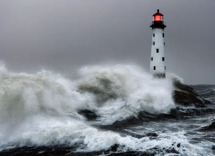 Prompt: lighthouse in a storm. lonely, churning waves, splashing on lighthouse. warm lighting