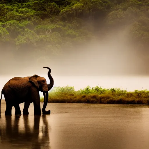 Image similar to an elephant octopus chimera, in a jungle with ominous light from above, ambient light, fog, river