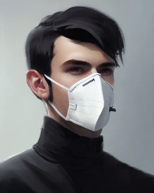 Image similar to a ultradetailed beautiful panting of a european young man wearing black medical mask and black long coat, by ilya kuvshinov, greg rutkowski and makoto shinkai, trending on artstation