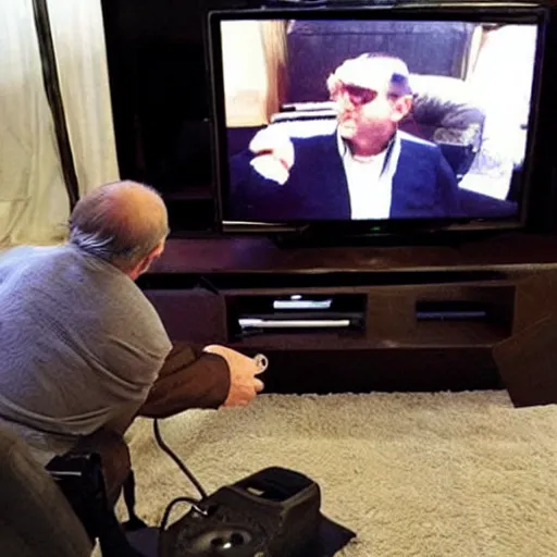 Image similar to Mafia boss playing video games with his grandson, shot on iPhone, living room, CRT TV