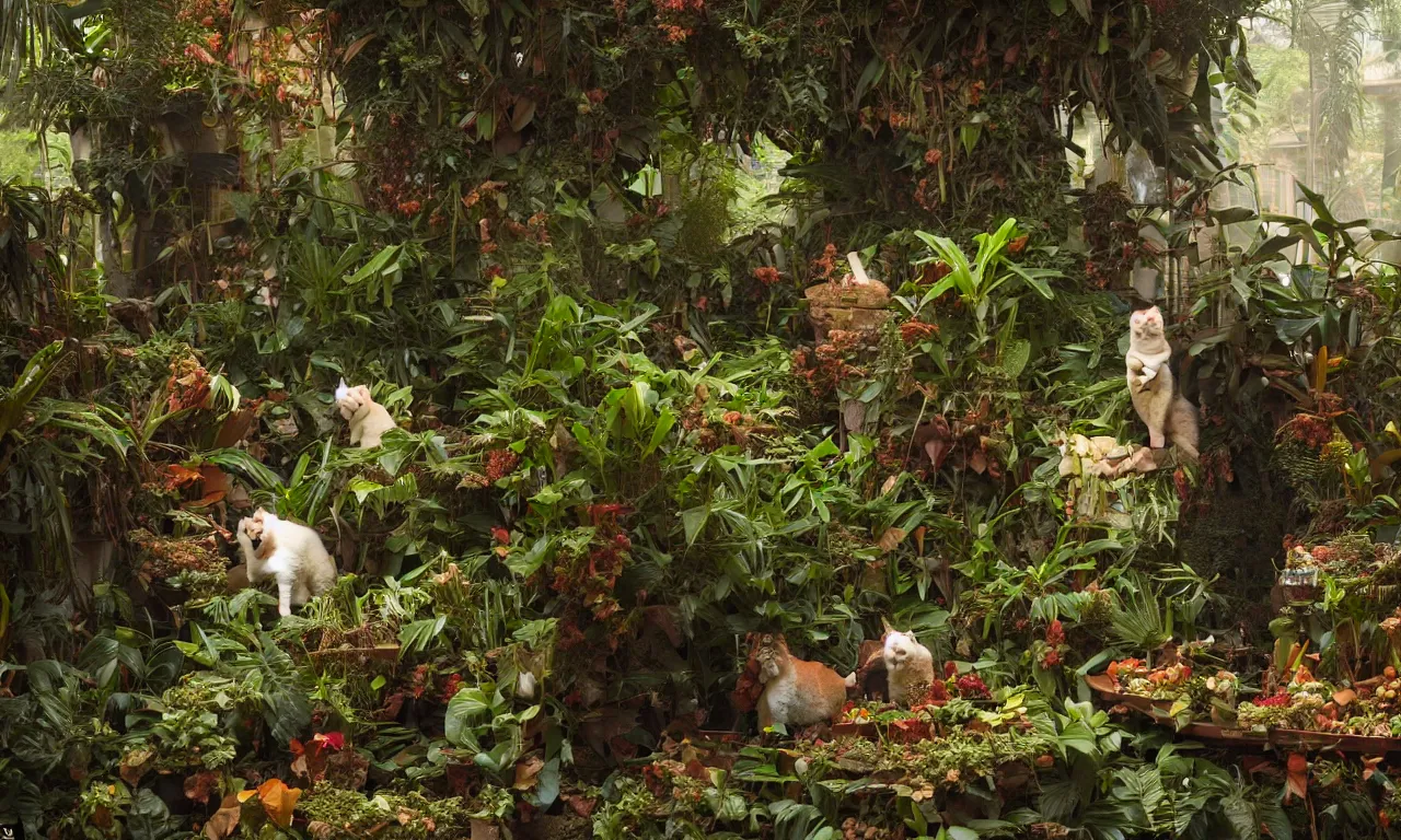 Prompt: a portrait of a cat sitting amongst big tropical plants, painting by James C. Christensen, by Tomasz Alen Kopera, by Raphael, by Caravaggio, 8K, rendered in Octane, cinematic, 3D, volumetric lighting, highly detailed, photorealistic, hyperrealism