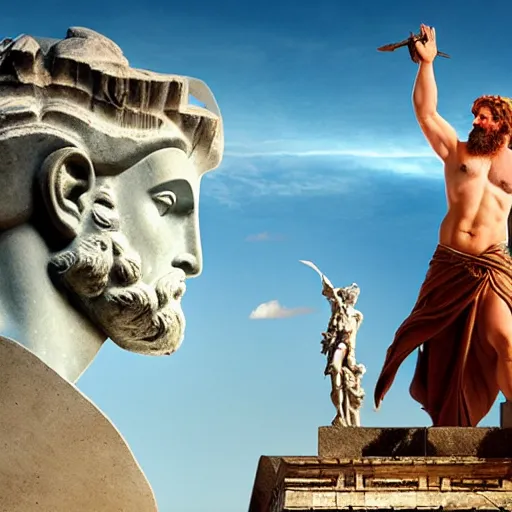 Image similar to tiny greek goddess in steel helmet standing on a giant greek bearded male head of Zeus, greek temple of olympus glory island, late afternoon light, wispy clouds in a blue sky, by frank lloyd wright and greg rutkowski and ruan jia