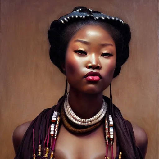 Image similar to highly detailed oil painting | very intricate | cinematic lighting | award - winning | the african geisha in an exquisite himba kimono | by roberto ferri, by tom bagshaw, by j. c. leyendecker and klimt, beautiful cinematic light, american romanticism, by austin osman spare, artstation, cgsociety, official art, octane