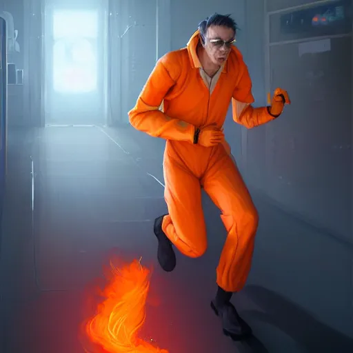 Prompt: commission portrait of a man in an orange jumpsuit,running away from smoke in a laboratory.,character design by charles bowater,greg rutkowski,ross tran,hyperdetailed,hyperrealistic,4k,deviantart,artstation,professional photography,concept art