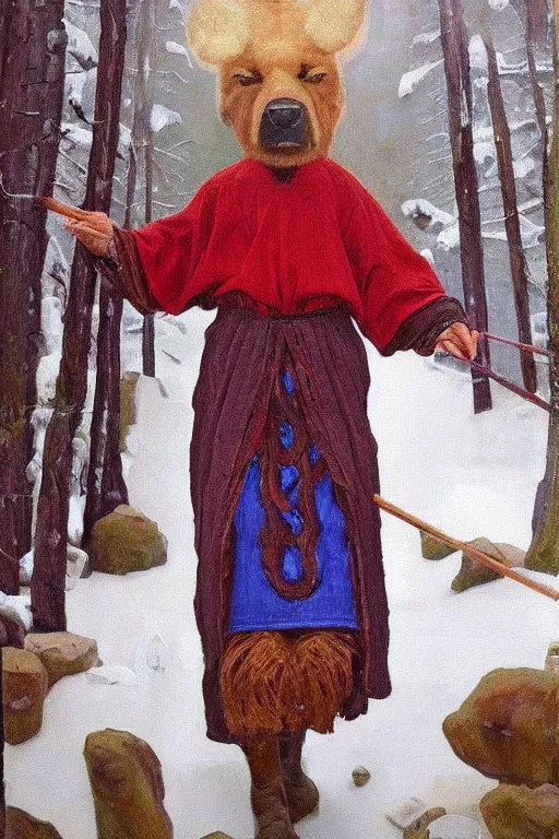 Prompt: slavic dog head man, woolen torso in medieval clothes, walking in the forest, orthodox, oil painting, concept art, hyperrealism, beautiful, high resolution, trending on artstation, by annie swynnerton and nicholas roerich, embroidered robes, elaborate costume,