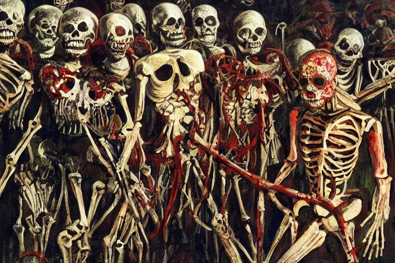Image similar to scene from spartacus, day of the dead, cyber skeleton, neon painting by otto dix