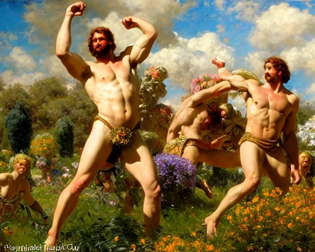 Image similar to hercules and achilles frolic in a meadow of beautiful flowers, large topiary and marble pillars in the background, painting by gaston bussiere, craig mullins, j. c. leyendecker, tom of finland