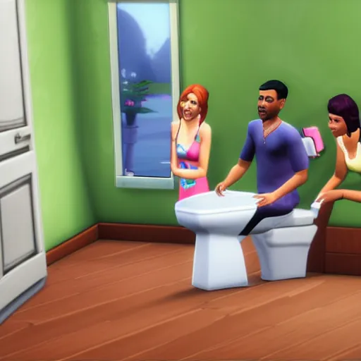 Image similar to Photo of a sims 4 family sitting on the toilet while holding hands, video game, 4k, high quality, wide angle,