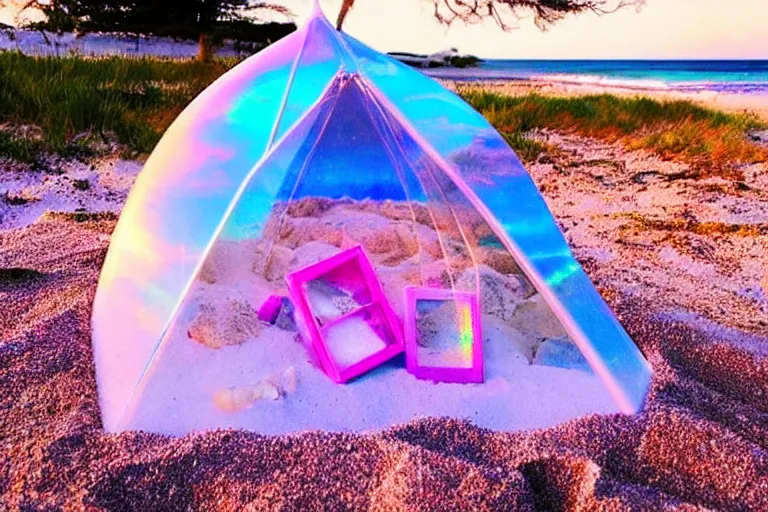 Image similar to a vintage family holiday photo of an empty beach from an alien dreamstate world with chalky pink iridescent!! sand, reflective lavender ocean water and a pale igloo shaped plastic transparent bell tent opposite a fire pit with an iridescence blue flame. refraction, volumetric, light.