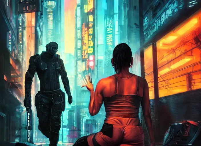 Image similar to cyberpunk meathead tries to intimidate cyberpunk feminist chick ( blade runner 2 0 4 9, dystopian, cyberpunk 2 0 7 7 character design ). gorgeous face. epic painting by james gurney and laurie greasley, oil on canvas. cinematic, hyper realism, realistic proportions, anatomy, dramatic lighting, high detail 4 k