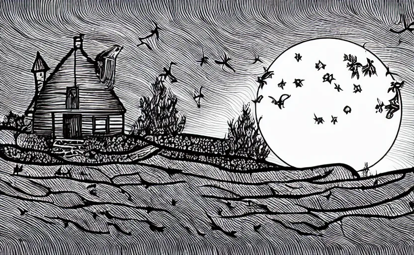 Prompt: a witch's cottage on a lonely hill against a giant moon, color ink, flat, vector