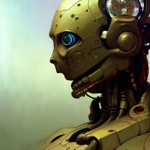 Image similar to detailed concept art portrait of a high - tech humanoid robot on a depth of field background, artstation, award - winning realistic sci - fi concept art by jim burns and greg rutkowski, beksinski, a realism masterpiece, expressive color palette, james gilleard, bruegel, alphonse mucha, and yoshitaka amano