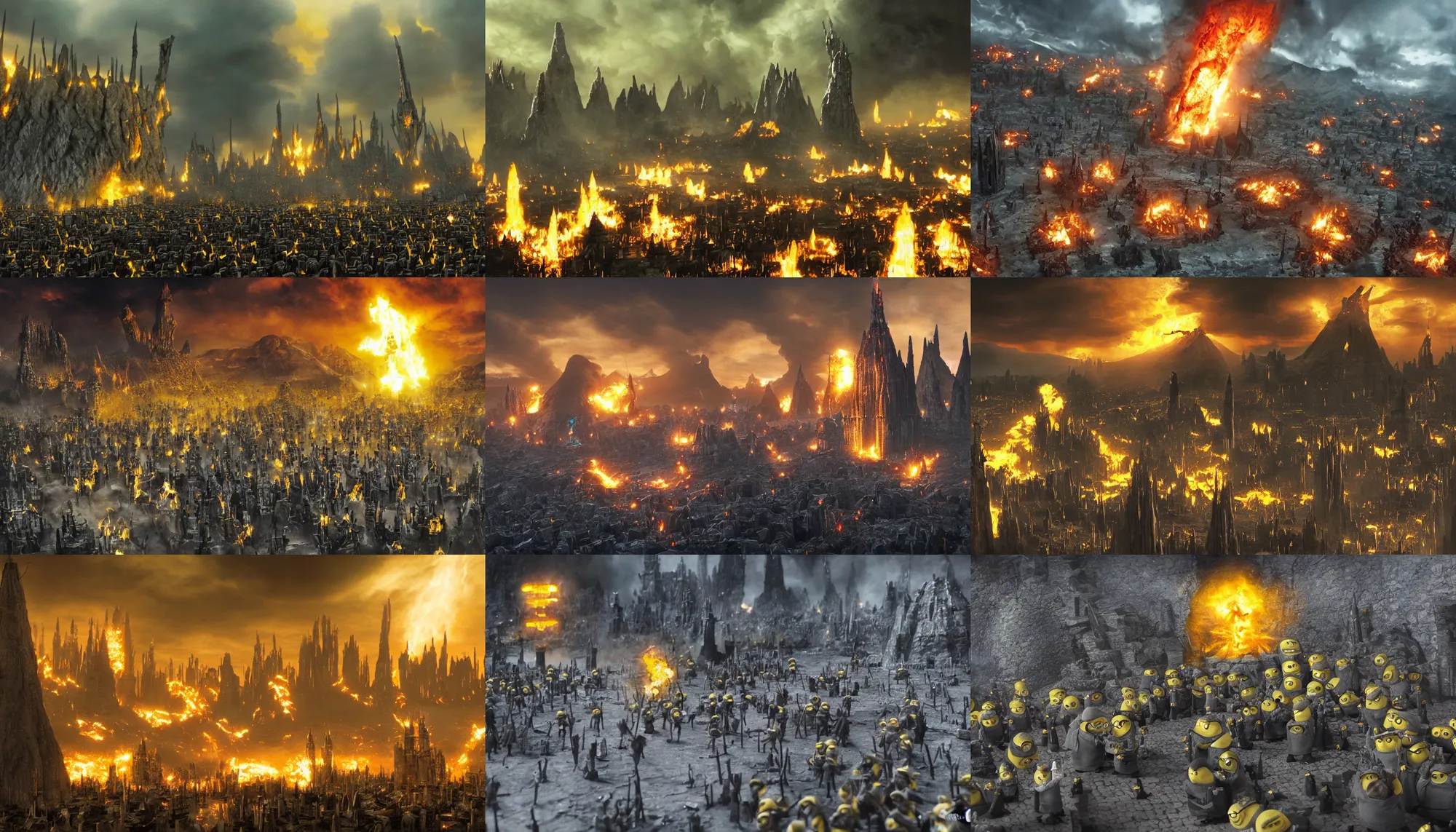Prompt: gru's yellow minions attack on mordor, highly detailed, dramatic lighting