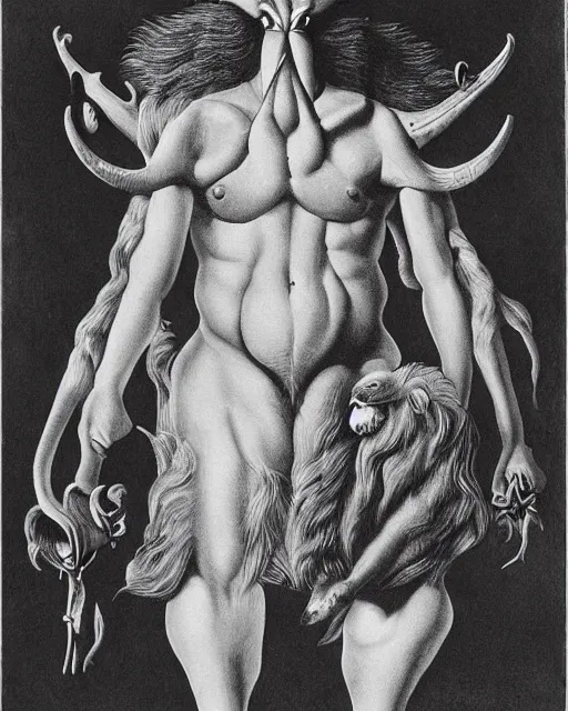 Image similar to a creature with the body and eyes of a man, with the beak of an eagle, the mane of a lion, and the horns of an ox. drawn by salvador dali