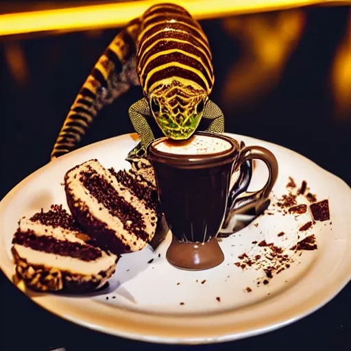 Image similar to lizard eating a cinematic dramatic lights movie shot of ultra realistic photo of a cup full of sweet goloso pasticceria chocolate ice cream cake with a coffee - praline twist cream bigne in with rich details in luxury cup and plates