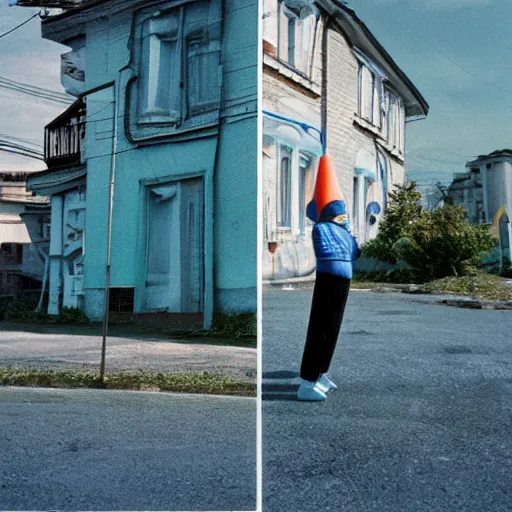 Prompt: alien squats dressed in adidas suit among soviet houses, top secret style, realistic photo, cinestill 8 0 0 t, 1 9 7 0 s, color