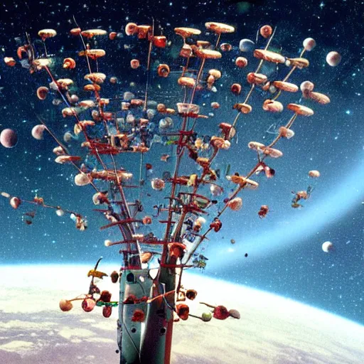 Image similar to apples on trees, where's wally, space stations, 2 0 0 1 a space odyssey