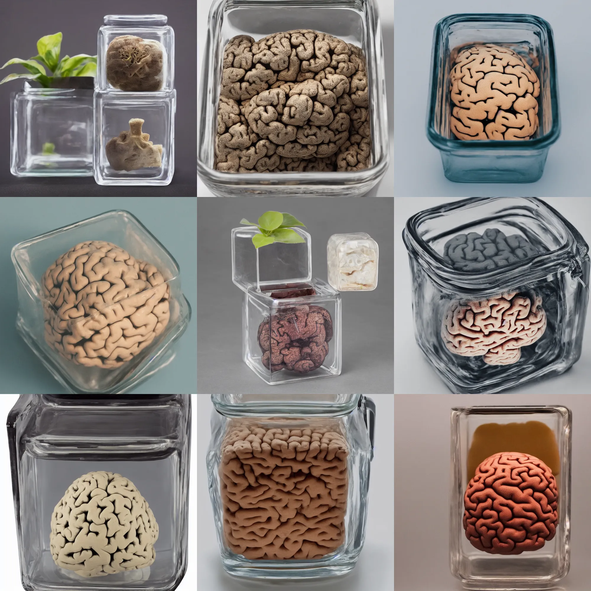 Prompt: Product photo of a cube brain in a square jar for sale