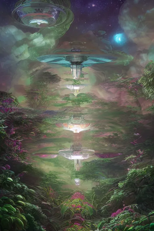 Image similar to multi level spaceship botanical garden in space, by artgerm, tom bagshaw, gerald brom, vaporwave colors, lo - fi colors, vaporwave, lo - fi, moody vibe, goth vibe, rendered by substance designer, cel shading, toon shading, smooth,