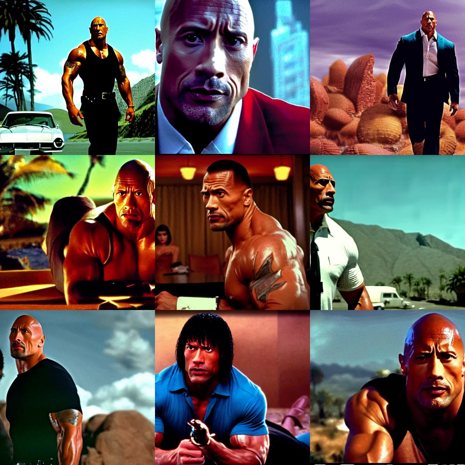 Prompt: dwayne johnson in pulp fiction, cinematic establishing shot, magical colours and atmosphere, perfect coherent composition, super realistic, professional photography 1 6 k