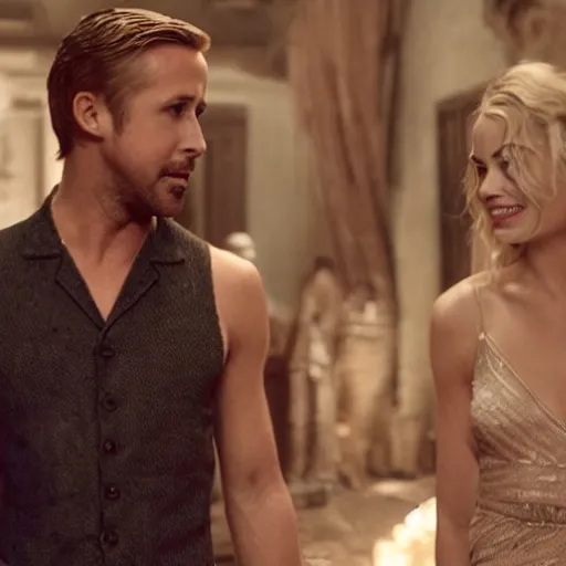 Prompt: still of ryan gosling and margot robbie, in pomepei ( 4 0 bc )