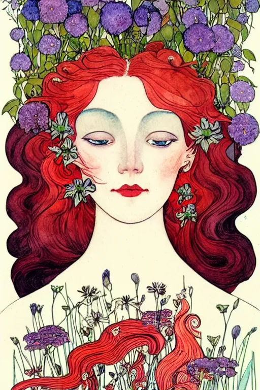 Prompt: realistic face of beautiful woman with red hair with flowers growing around, flower frame, detailed art by kay nielsen and walter crane, illustration style, watercolor