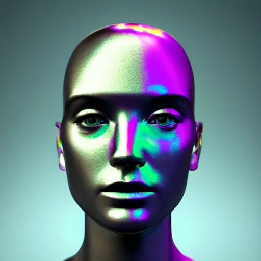 Image similar to 3d render of holographic human robotic head made of glossy iridescent, surrealistic 3d illustration of a human face non-binary, non binary model, 3d model human, cryengine, made of holographic texture, holographic material, holographic rainbow, concept of cyborg and artificial intelligence