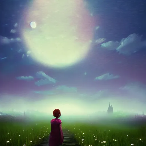 Image similar to giant daisy flower as a head, girl walking in flower field, surreal photography, moon light, dark night, dramatic, impressionist painting, clouds, digital painting, artstation, simon stalenhag