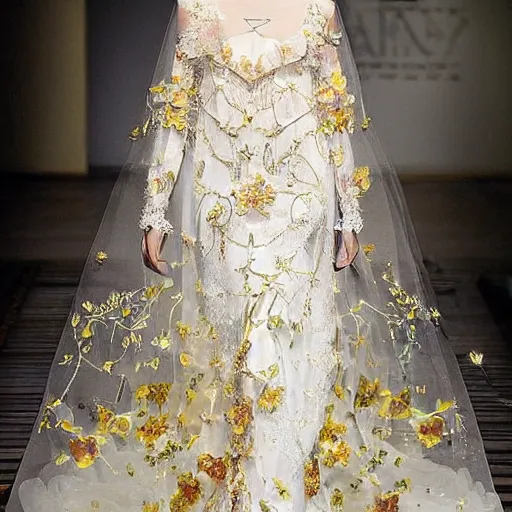 Image similar to a long wedding dress with a train made of flower petals made of light - colored fabric. transparent in places. in places, patterns of precious stones. intricate patterns of gold thin threads. fantasy. clear details