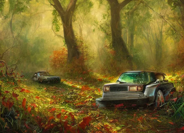 Prompt: A painting of an overgrown car in a forest, vines coming down from the tall trees, autumn, rocky ground, digital art, trending on Artstation, immaculate scale, amazing composition, detailed painting