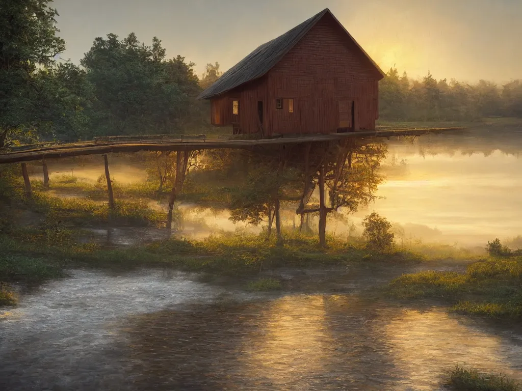 Prompt: a oil painting of a serene landscape with a singular wooden house near a bridge over river, at sunrise, concept art, octane render, unreal engine 5, trending on deviantart, highly detailed, high quality, oil painting, digital painting, masterpiece, hyperrealistic, breathtaking landscape, soft lighting, godrays, complementary colors, natural lighting