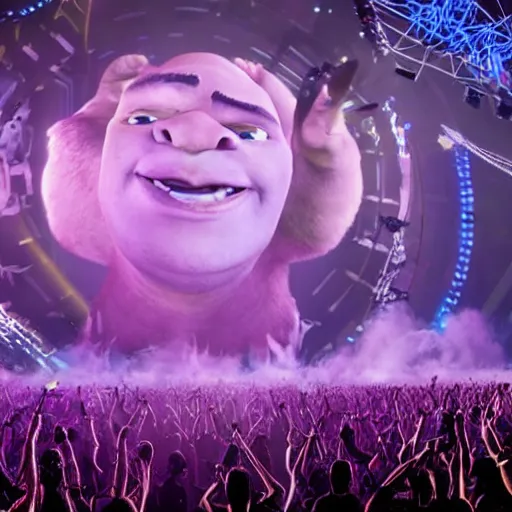 Image similar to promotional image of Shrek DJing a giant EDM festival, fog and special effects, movie still, promotional image, imax 70 mm footage