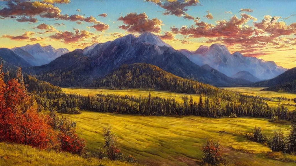 Image similar to The most beautiful panoramic landscape, oil painting, where the mountains are towering over the valley below their peaks shrouded in mist. The sun is just peeking over the horizon producing an awesome flare and the sky is ablaze with warm colors and stratus clouds. The river is winding its way through the valley and the trees are starting to turn yellow and red, by Greg Rutkowski, aerial view