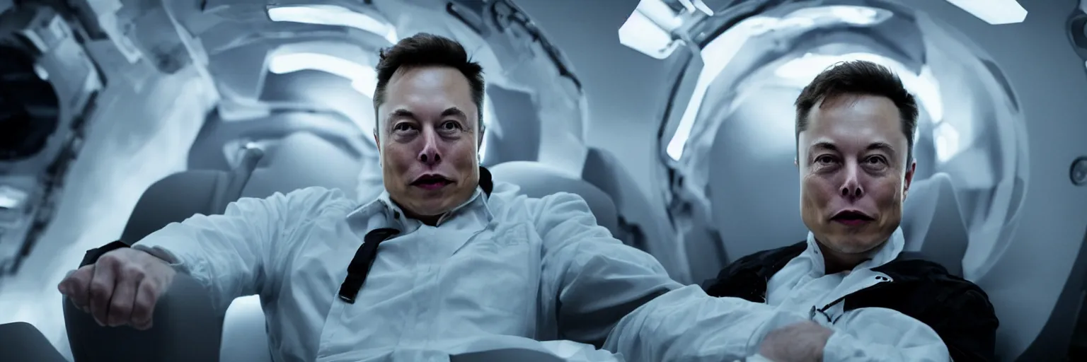 Image similar to elon musk in his sixties in a spaceship, movie still, cinematic, photorealistic, extreme detail, facial features, sharp focus, 8 k, anamorphic lens, lighting, dark