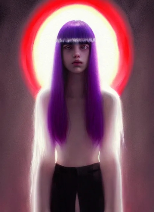 Image similar to hair whitebangs hair, black hair, whitebangs, portrait of teenage girl with white bangs, red irises, purple clothes, white bangs, bangs are different color from hair, intricate, elegant, glowing lights, highly detailed, digital painting, artstation, concept art, smooth, sharp focus, illustration, art by wlop, mars ravelo and greg rutkowski