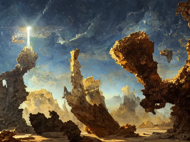 Image similar to an oil painting of a cracked plane on an alien planet and a large fractal cube by carl spitzweg and tuomas korpi. baroque elements, full-length view. baroque element. intricate artwork by caravaggio. Trending on artstation. 8k