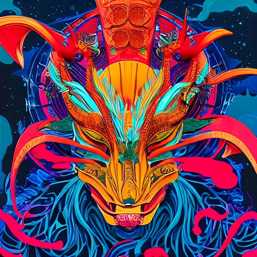 Image similar to Tristan Eaton, victo ngai, artgerm, Maximalism dragon mask