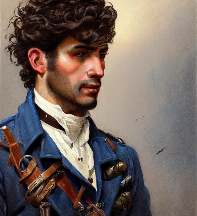 Image similar to portrait of a man with brown curly hair and deep brown eyes wearing a blue traditional 1 8 0 0 s military jacket, intricate, highly detailed, digital painting, artstation, concept art, sharp focus, cinematic lighting, illustration, art by artgerm and greg rutkowski, alphonse mucha, cgsociety