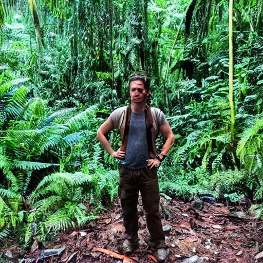 Image similar to a human researcher standing in the rainforest, post - apocalypse, cinematic