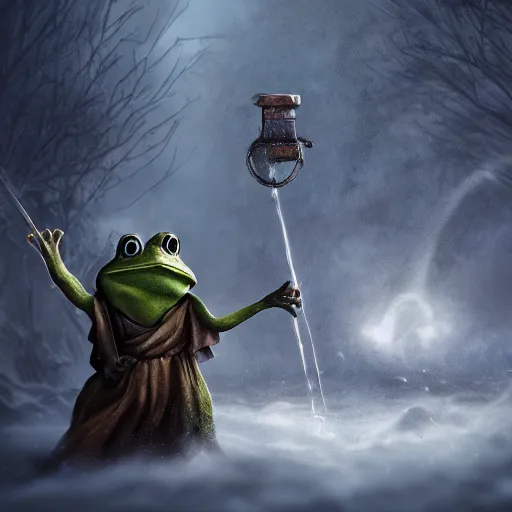 Image similar to frog time wizard spraying a freezing gale, epic, ( david and goliath ), cinematic, fantasy, digital art, 8 k