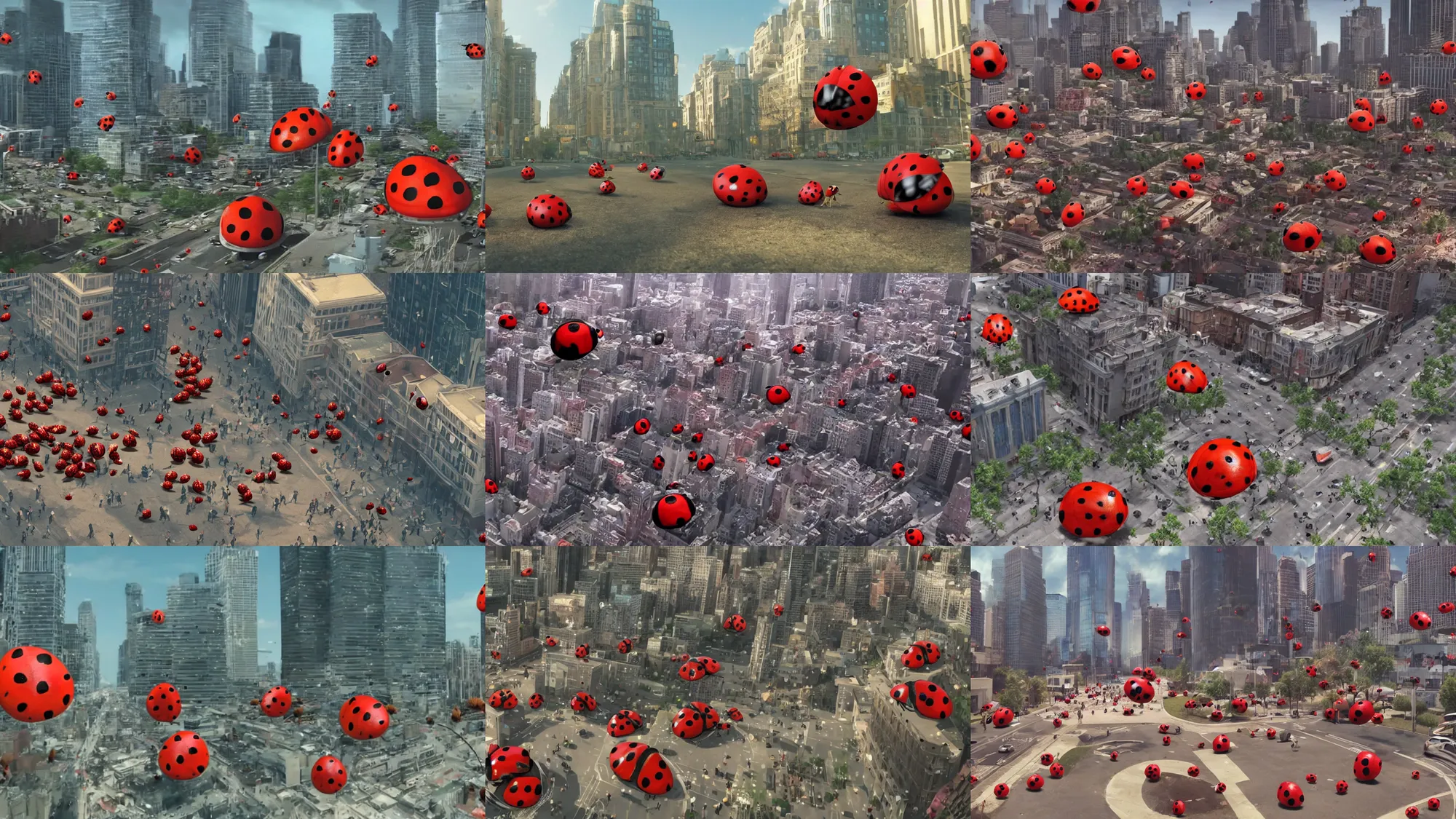 Prompt: giant ladybugs attacking the city, cinematic, realistic