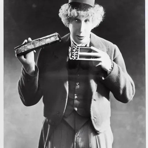 Prompt: Harpo Marx with a hat and a harmonica in his mouth, a black and white photo by Eugene Leroy, pinterest, american barbizon school, movie still, 1920s, criterion collection