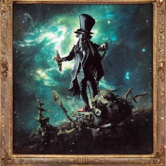 Image similar to grim-hatter, skull cane, voodoo ritual gear, matte painting art from goya and pirner, cursed oil painting, cosmic nebula color tones, camera footage from the cursed mission